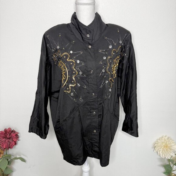 Pado California Embellished Black Denim Jacket Womens M/L Vintage 80s Glam - Picture 1 of 7